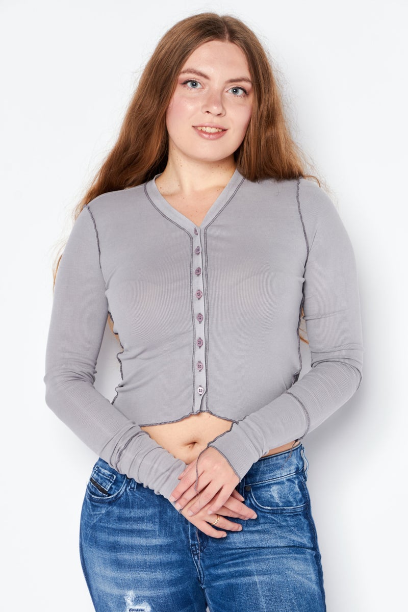 Women V-Neck Long Sleeves Ribbed Top, Grey