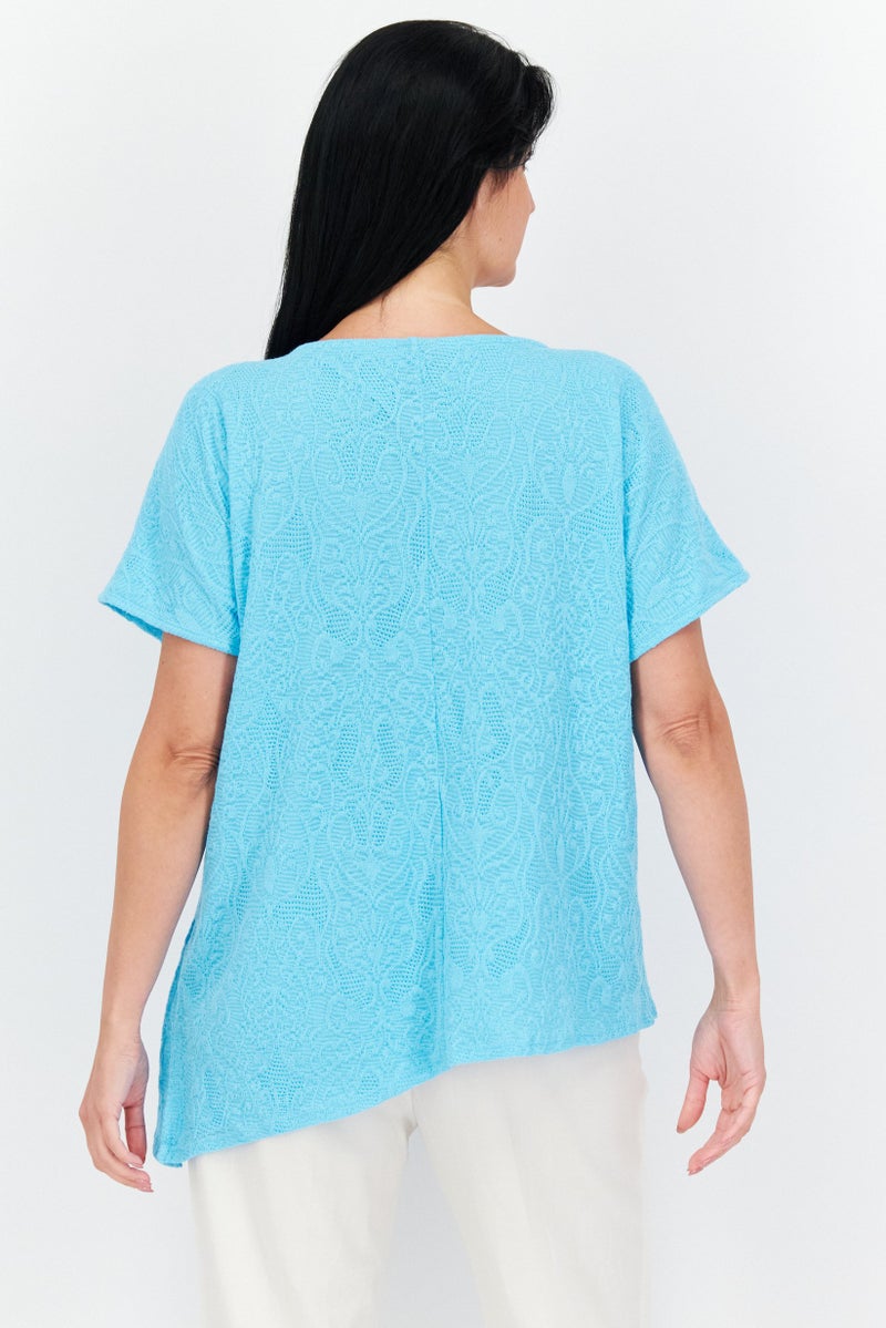 Women Round Neck Short Sleeve Textured Top, Turquoise