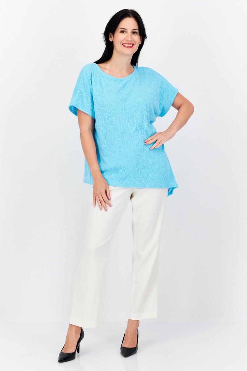 Women Round Neck Short Sleeve Textured Top, Turquoise