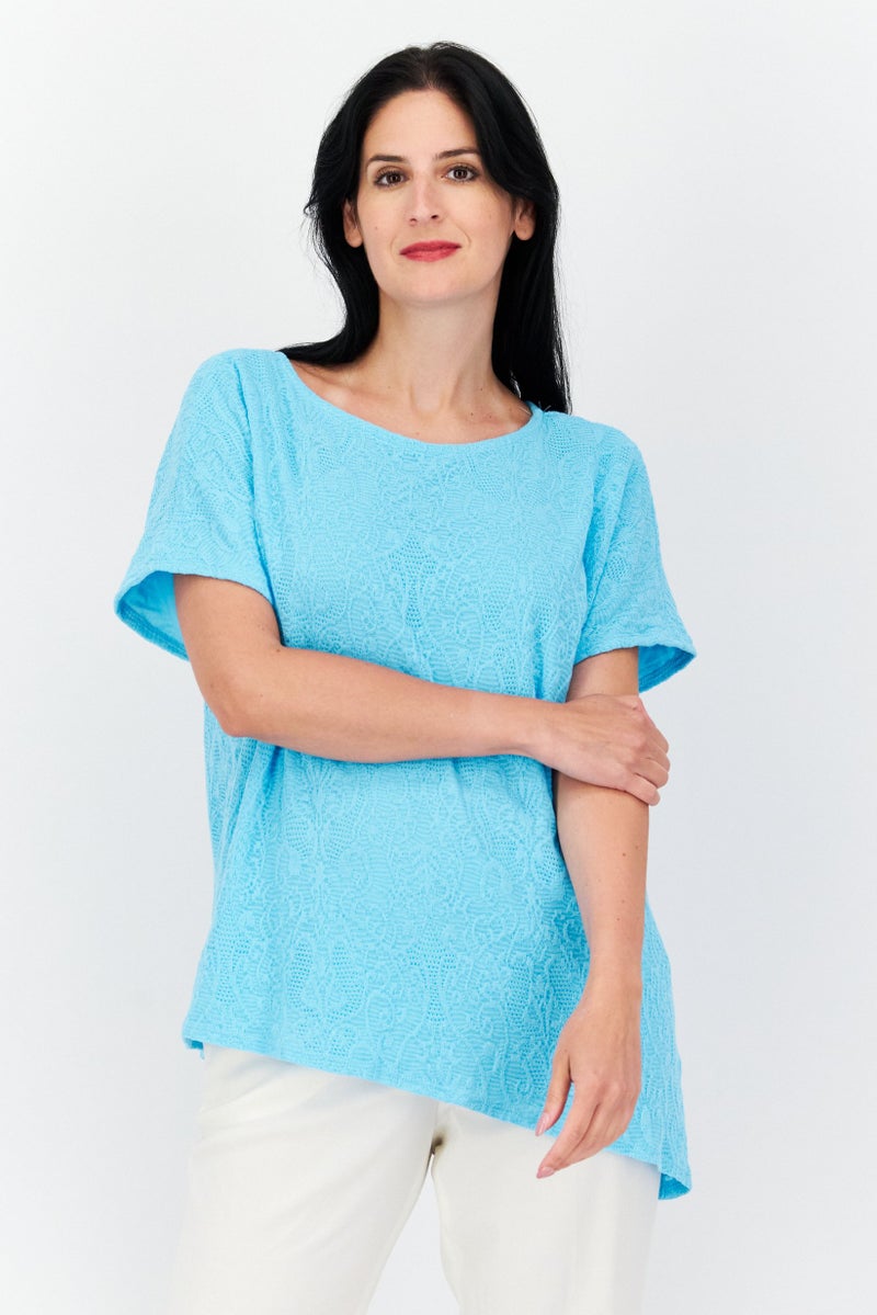 Women Round Neck Short Sleeve Textured Top, Turquoise