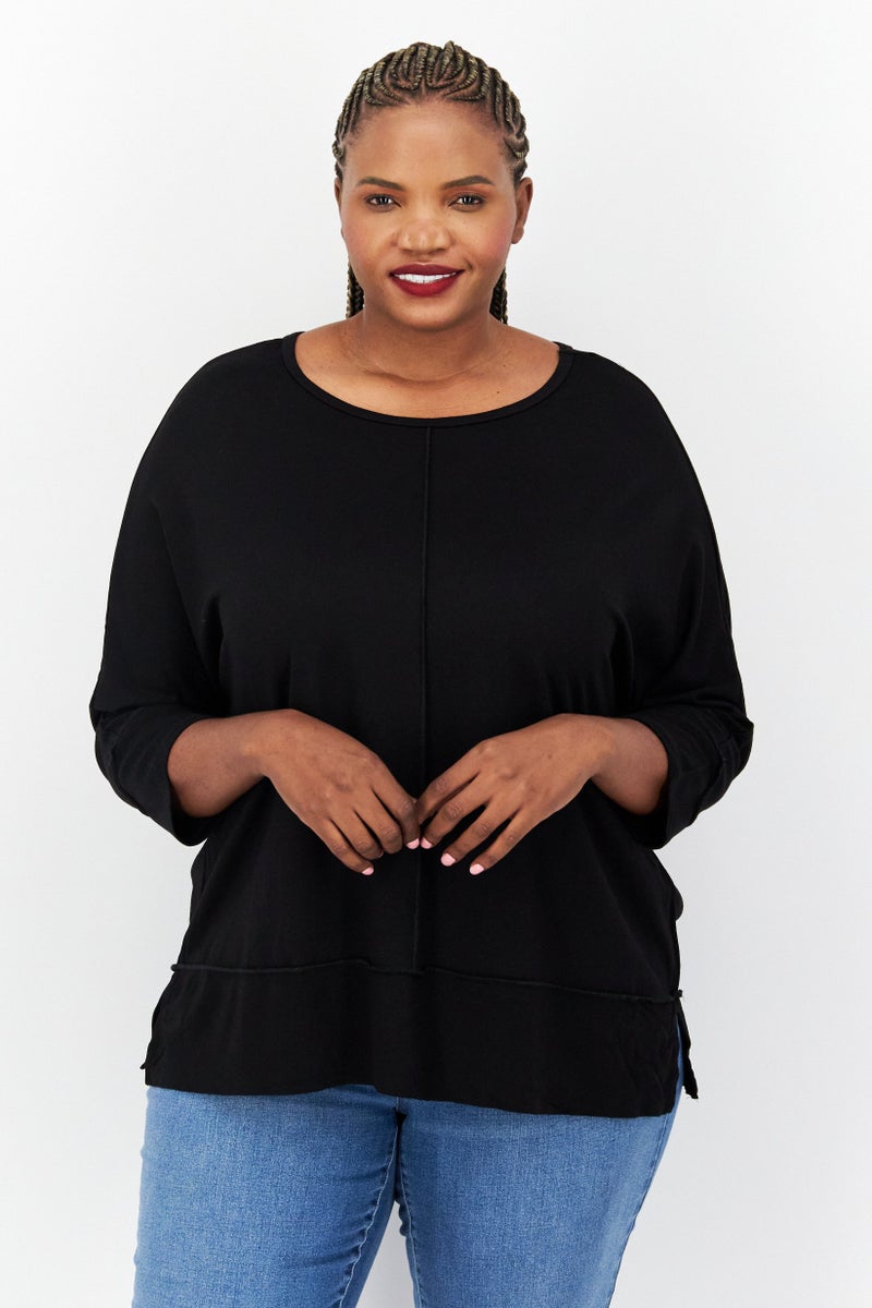 Women Plus Size Scoop Neck 3/4 Sleeve Plain Top, Black