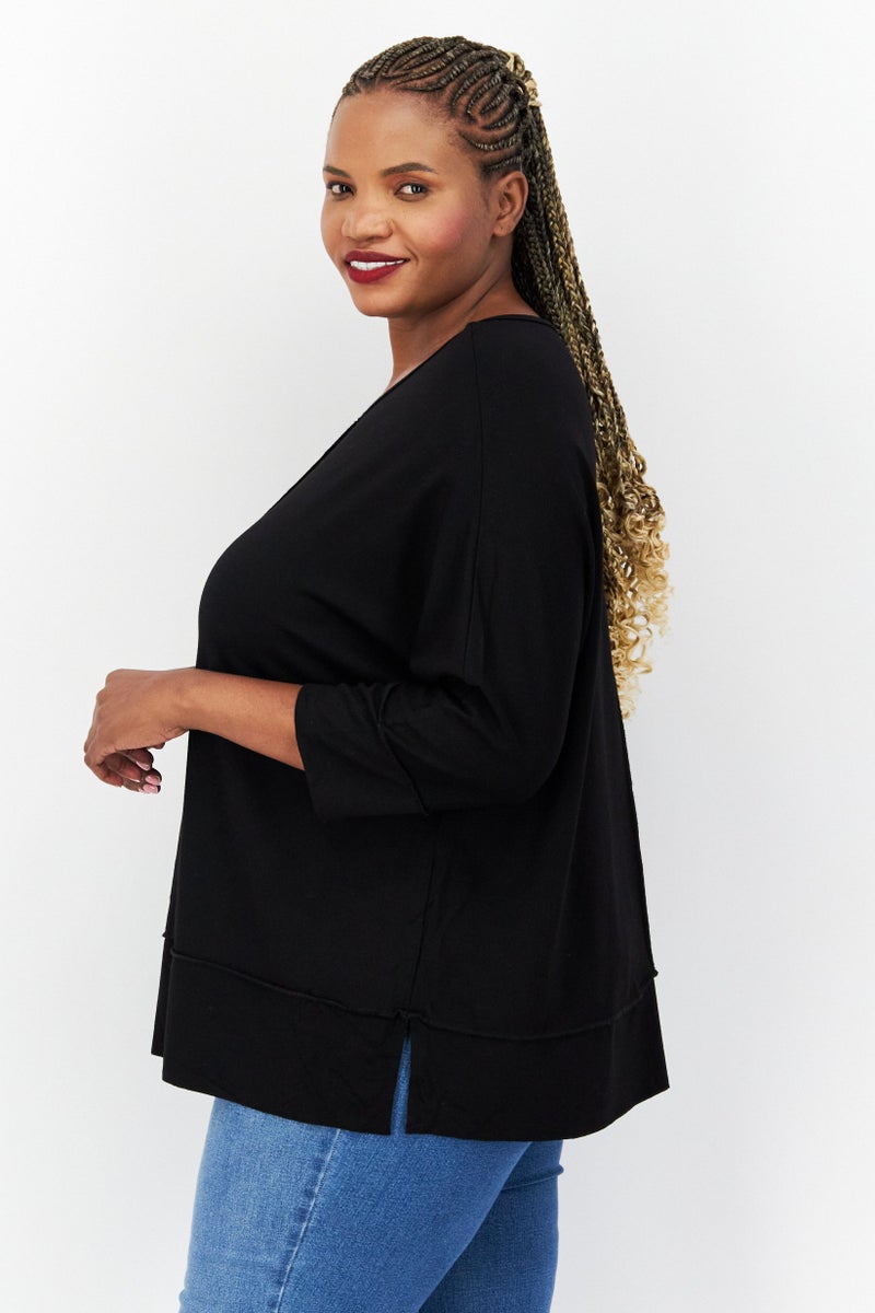 Women Plus Size Scoop Neck 3/4 Sleeve Plain Top, Black