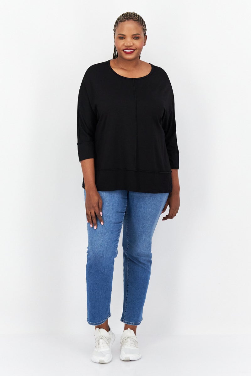 Women Plus Size Scoop Neck 3/4 Sleeve Plain Top, Black