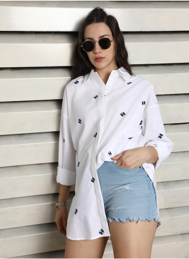 Oversized Fit Spread Collar Cotton Embroidered Casual Shirt for Women