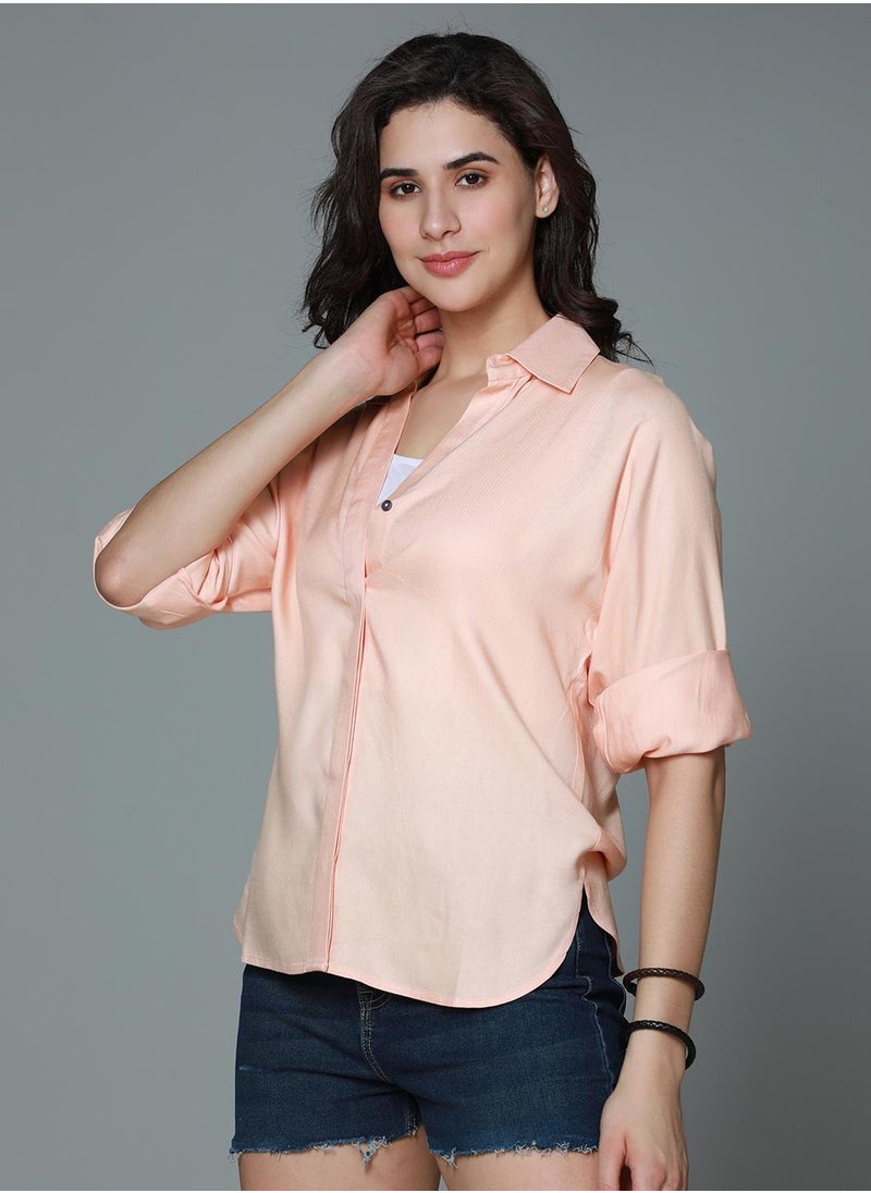 Women’s Boxy Fit Casual Shirt in Orange with Spread Collar, Long Sleeves