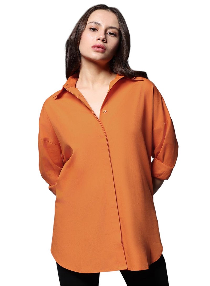 Orange Oversized Solid Casual Shirt for Women, Full Sleeves, Cotton