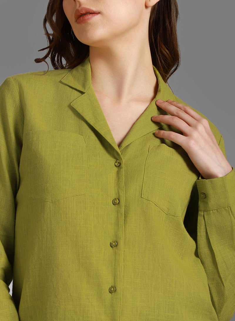 Oversized Green Cuban Collar Shirt for Women, Casual Style