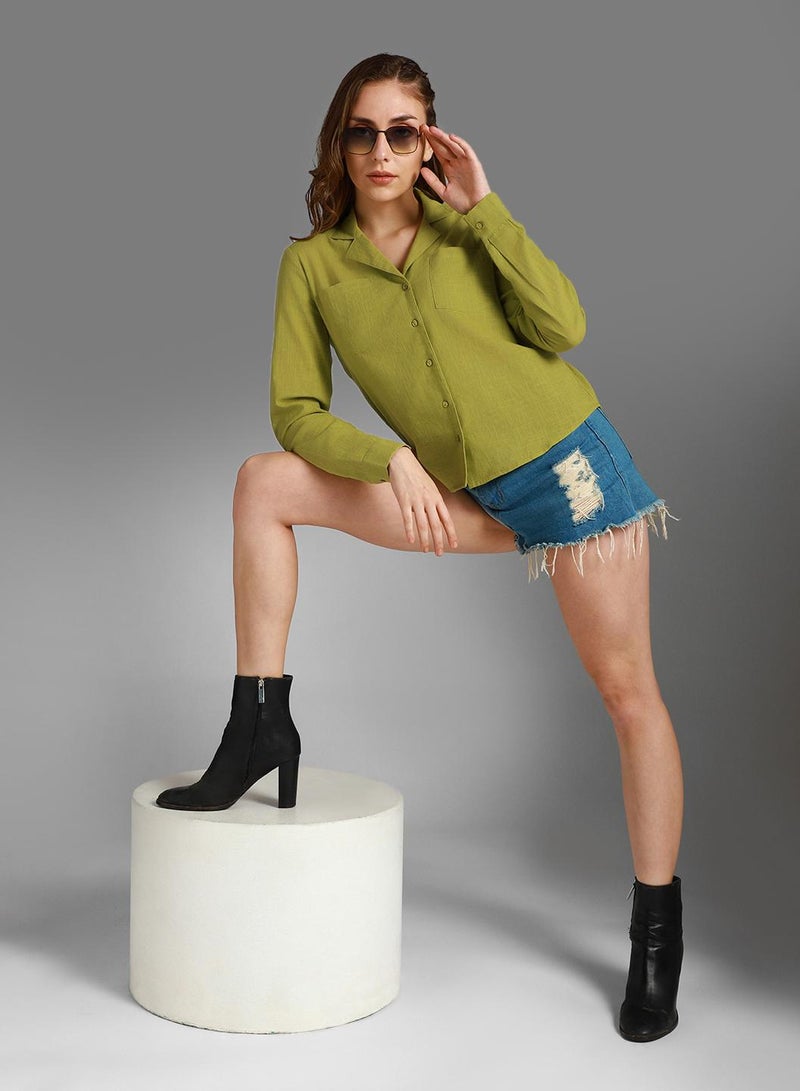 Oversized Green Cuban Collar Shirt for Women, Casual Style