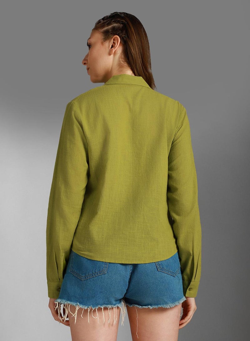 Oversized Green Cuban Collar Shirt for Women, Casual Style