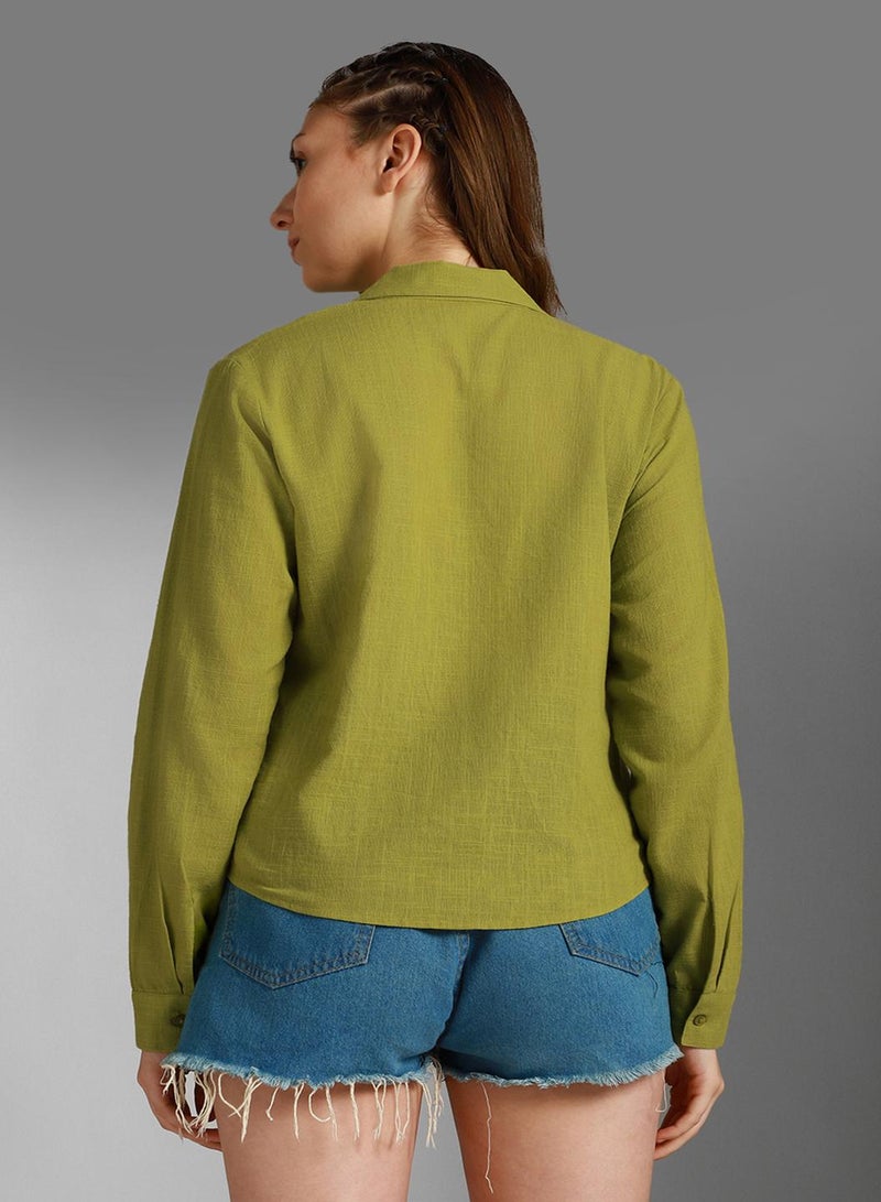 Oversized Green Cuban Collar Shirt for Women, Casual Style