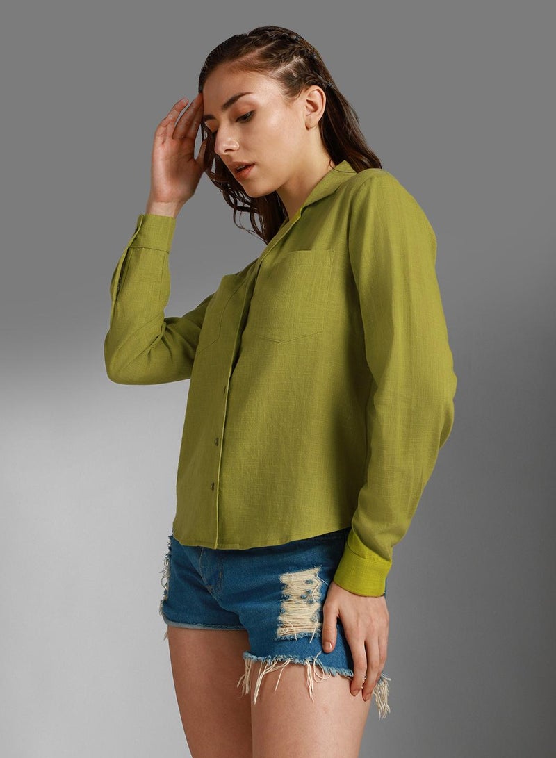 Oversized Green Cuban Collar Shirt for Women, Casual Style