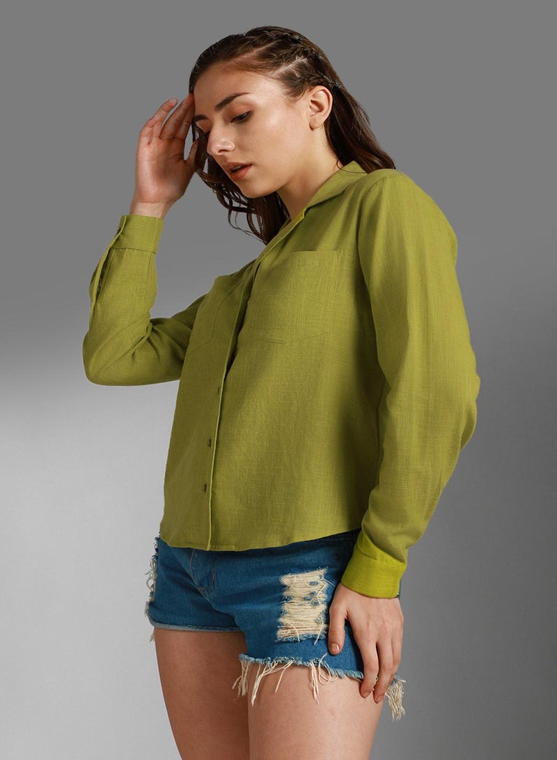 Oversized Green Cuban Collar Shirt for Women, Casual Style