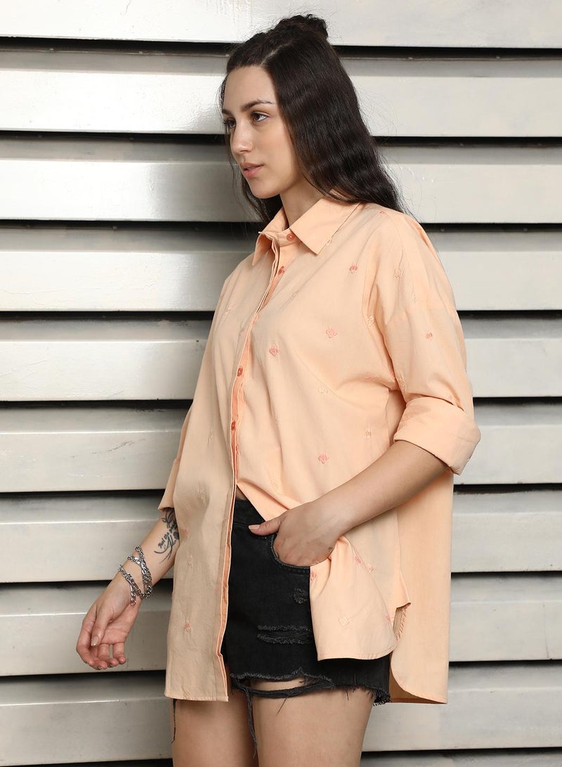 Oversized Apricot Embroidered Shirt for Women, Spread Collar