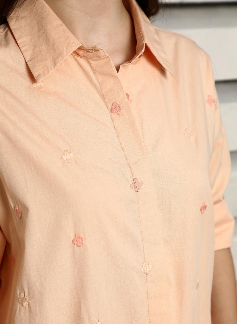 Oversized Apricot Embroidered Shirt for Women, Spread Collar