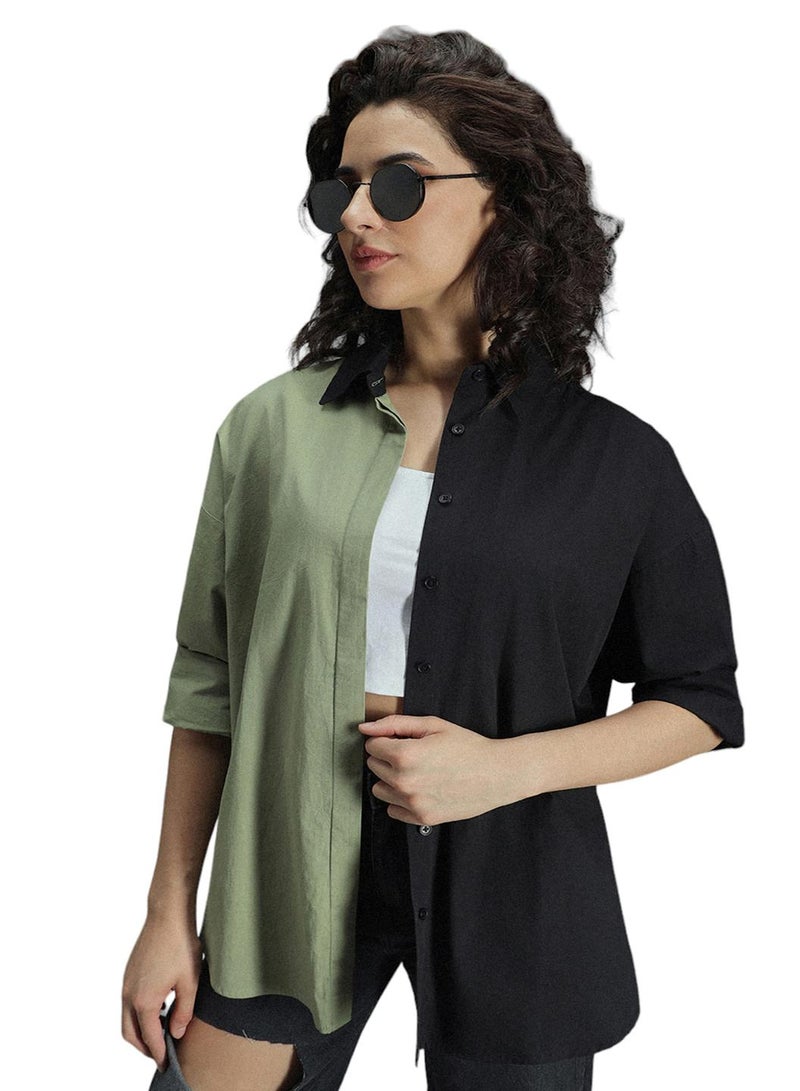 Multicolor Oversized Colorblock Shirt for Women, Spread Collar, Long Sleeves, Cotton