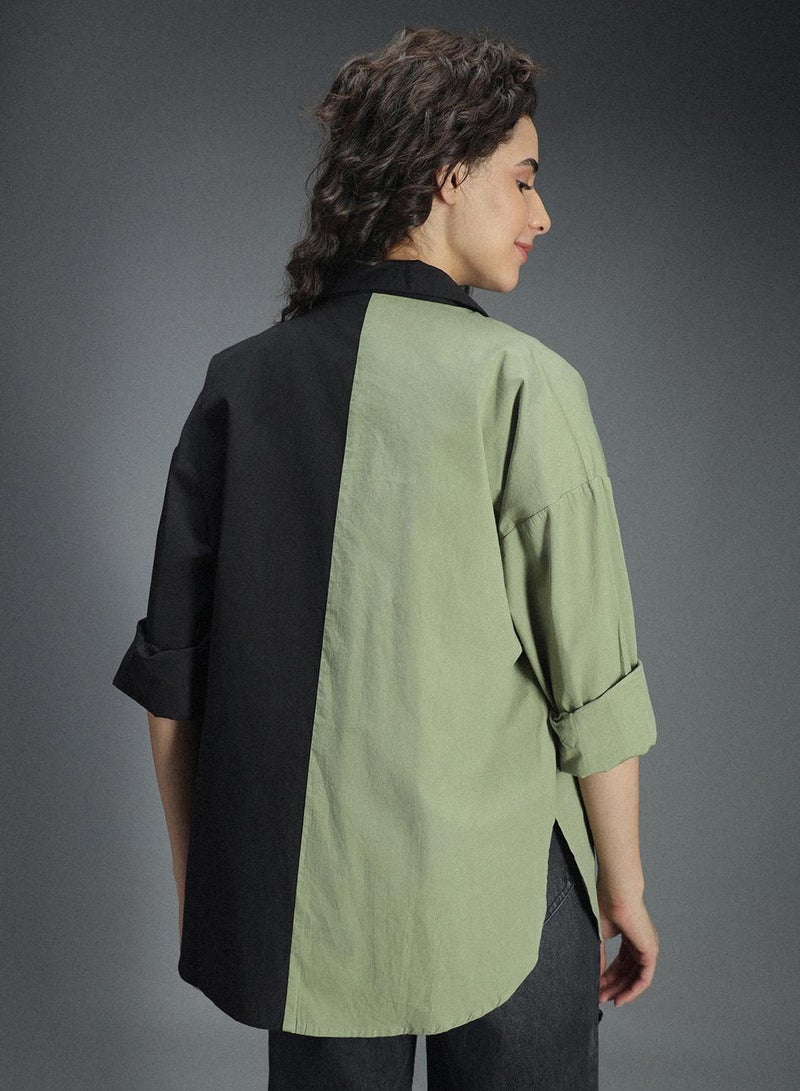 Multicolor Oversized Colorblock Shirt for Women, Spread Collar, Long Sleeves, Cotton