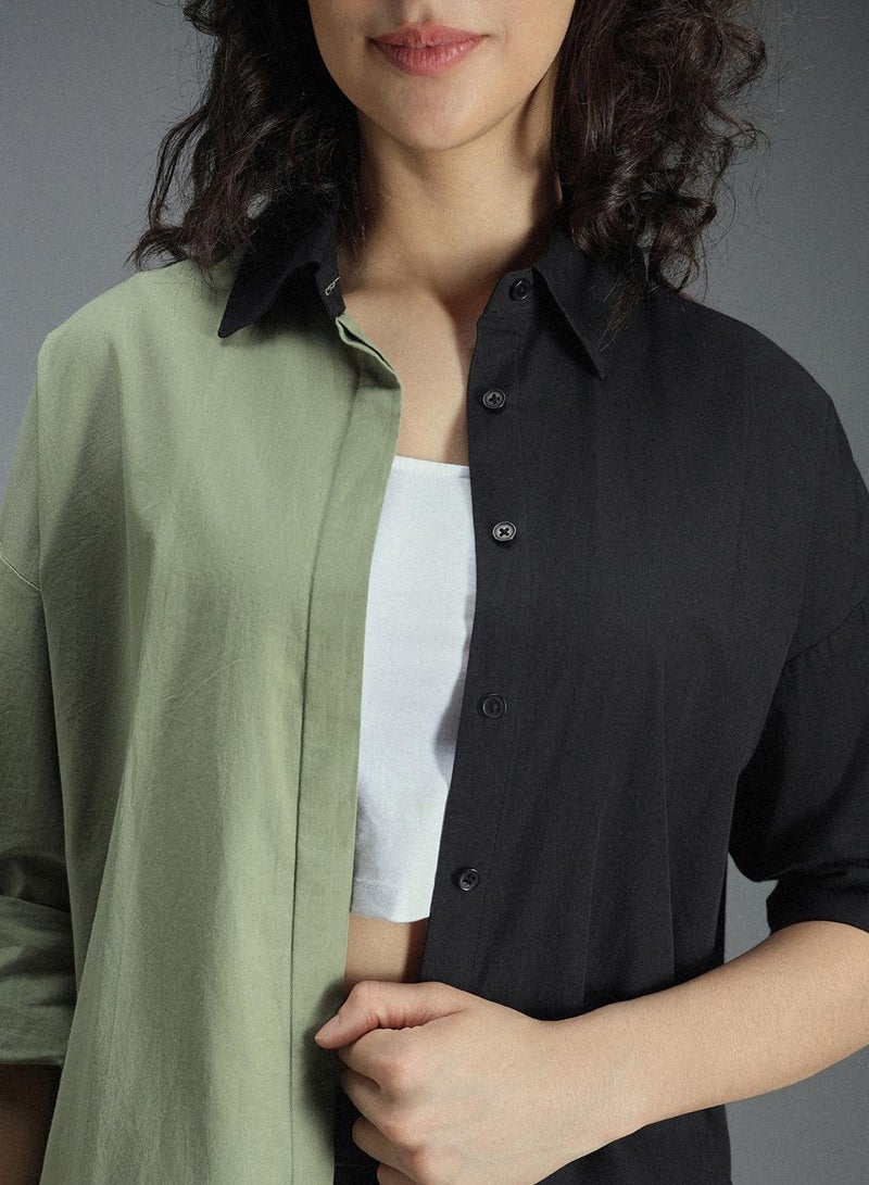 Multicolor Oversized Colorblock Shirt for Women, Spread Collar, Long Sleeves, Cotton