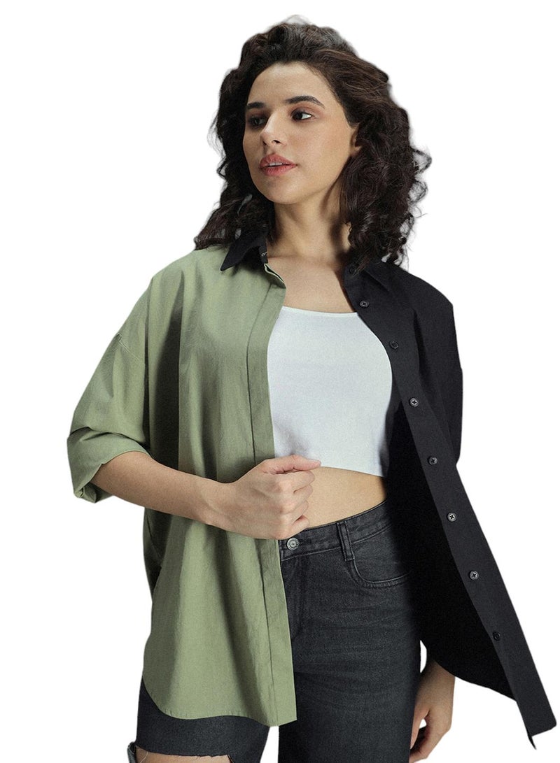 Multicolor Oversized Colorblock Shirt for Women, Spread Collar, Long Sleeves, Cotton