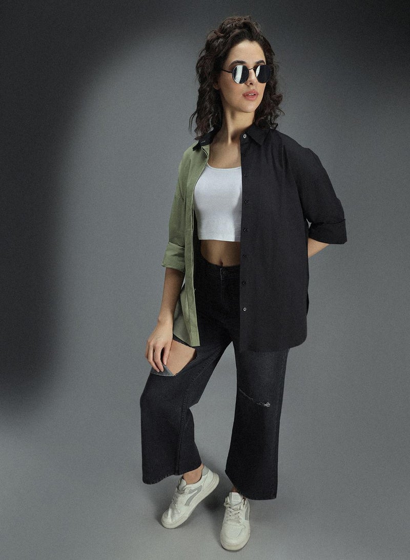Multicolor Oversized Colorblock Shirt for Women, Spread Collar, Long Sleeves, Cotton