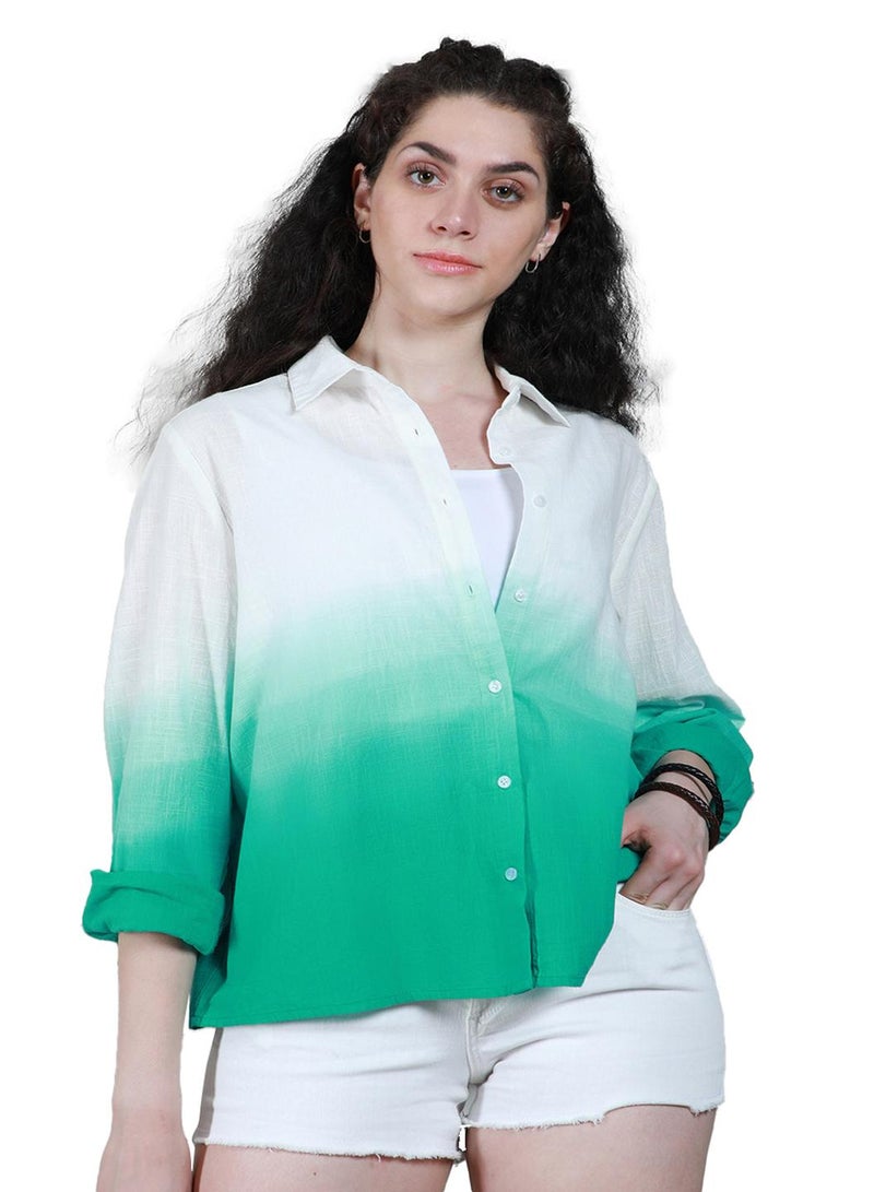 Boxy Ombre Printed Spread Collar Cotton Casual Shirt for Women