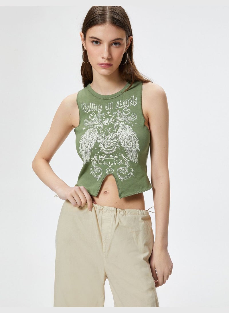 Crop Sleeveless T-Shirt Printed Front Asymmetric Cut Crew Neck Cotton