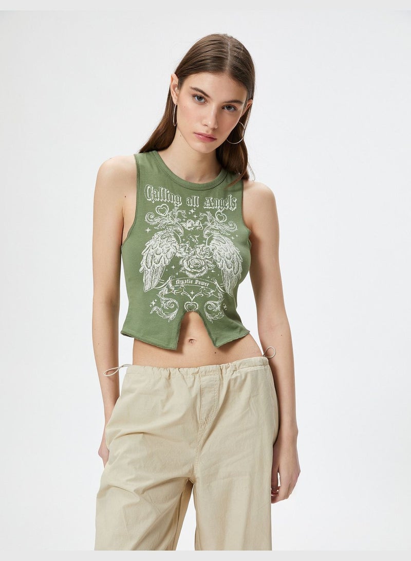 Crop Sleeveless T-Shirt Printed Front Asymmetric Cut Crew Neck Cotton