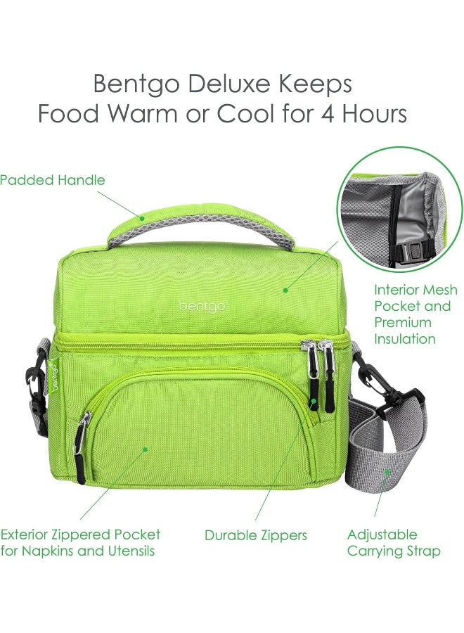 Deluxe Lunch Bag (Green) - Insulated Lunch Tote for Work and School with Top and Main Compartments, 2-Way Zipper, Adjustable Strap, and Front Pocket - Fits All  and Other Lunch Boxes