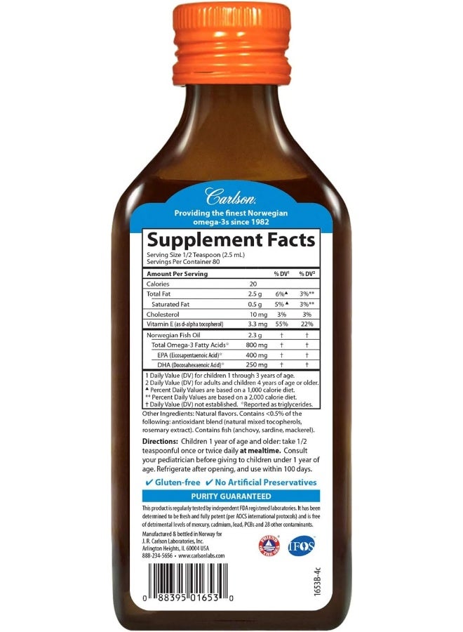 Carlson - Kid's The Very Finest Fish Oil, 800 mg Omega-3s, Norwegian, Sustainably Sourced, Orange, 200 mL