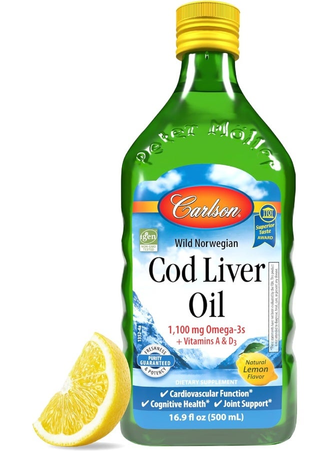 Carlson - Cod Liver Oil, 1100 mg Omega-3s, Liquid Fish Oil Supplement, Wild-Caught Norwegian Arctic , Sustainably Sourced Nordic Fish Oil Liquid, Lemon, 500 ml