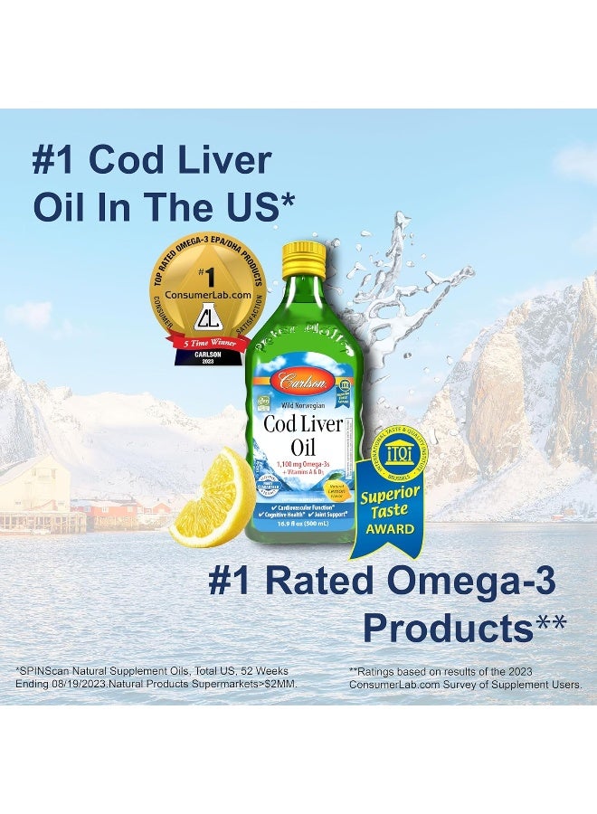 Carlson - Cod Liver Oil, 1100 mg Omega-3s, Liquid Fish Oil Supplement, Wild-Caught Norwegian Arctic , Sustainably Sourced Nordic Fish Oil Liquid, Lemon, 500 ml