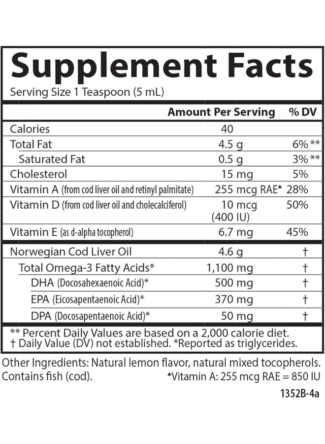 Carlson - Cod Liver Oil, 1100 mg Omega-3s, Liquid Fish Oil Supplement, Wild-Caught Norwegian Arctic , Sustainably Sourced Nordic Fish Oil Liquid, Lemon, 500 ml