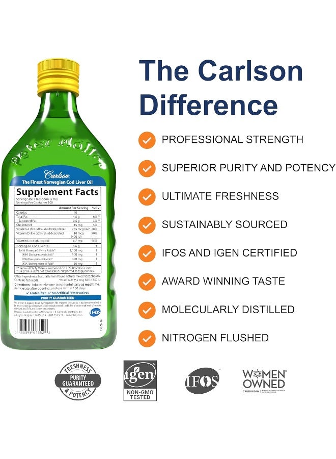 Carlson - Cod Liver Oil, 1100 mg Omega-3s, Liquid Fish Oil Supplement, Wild-Caught Norwegian Arctic , Sustainably Sourced Nordic Fish Oil Liquid, Lemon, 500 ml