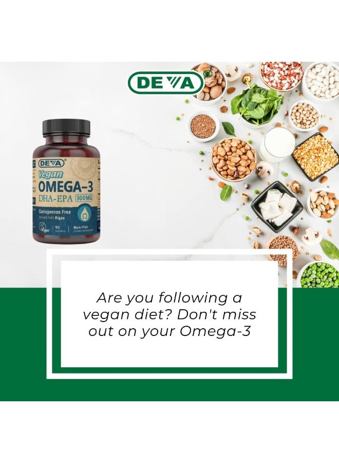 Deva Vegan Omega-3 Dha Epa Supplement Once-Per-Day Softgel 300 Mg Carrageenan Gelatin & Gluten Free Non-Fish Algae Oil Fatty Acids 90 Softgels