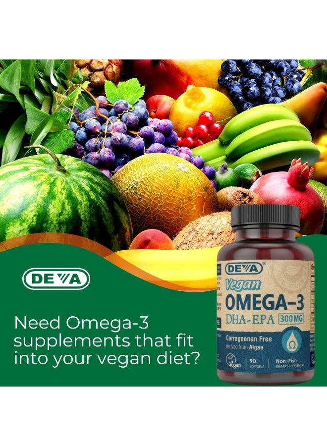 Deva Vegan Omega-3 Dha Epa Supplement Once-Per-Day Softgel 300 Mg Carrageenan Gelatin & Gluten Free Non-Fish Algae Oil Fatty Acids 90 Softgels