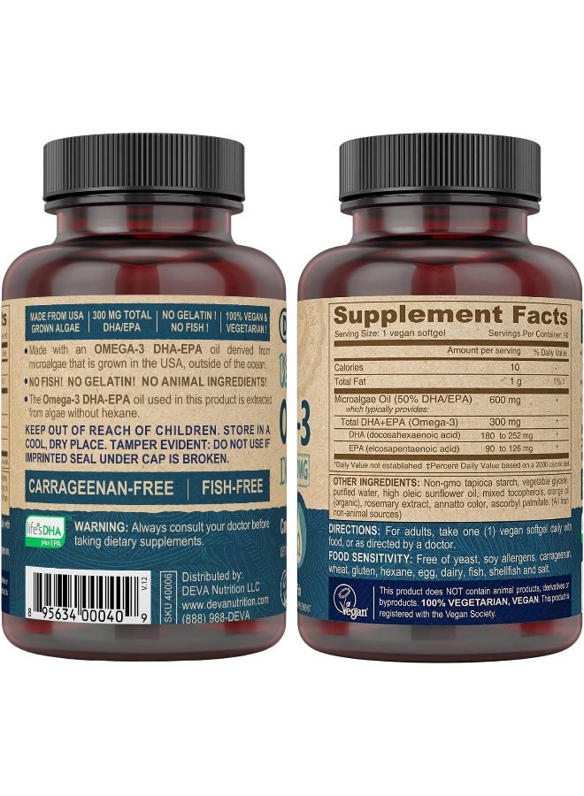 Deva Vegan Omega-3 Dha Epa Supplement Once-Per-Day Softgel 300 Mg Carrageenan Gelatin & Gluten Free Non-Fish Algae Oil Fatty Acids 90 Softgels