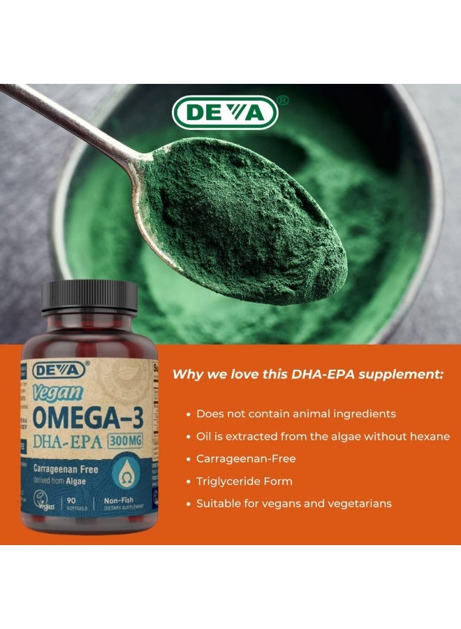 Deva Vegan Omega-3 Dha Epa Supplement Once-Per-Day Softgel 300 Mg Carrageenan Gelatin & Gluten Free Non-Fish Algae Oil Fatty Acids 90 Softgels