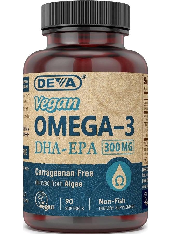 Deva Vegan Omega-3 Dha Epa Supplement Once-Per-Day Softgel 300 Mg Carrageenan Gelatin & Gluten Free Non-Fish Algae Oil Fatty Acids 90 Softgels