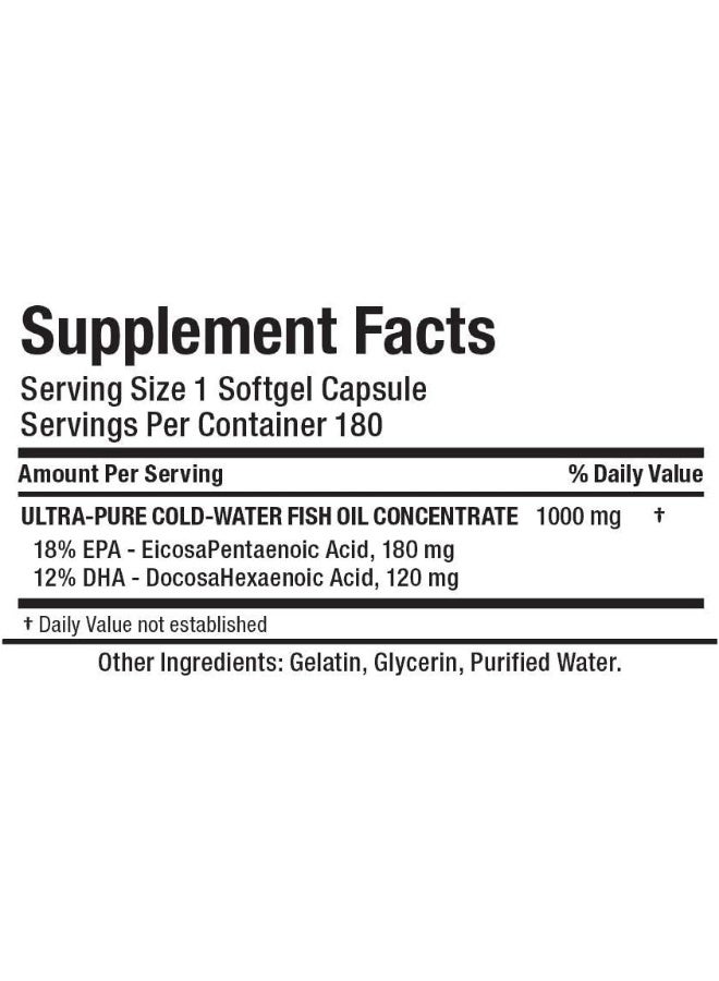 Omega 3 Ultra Pure Cold Water Fish Oil Concentrate 180 Softgels