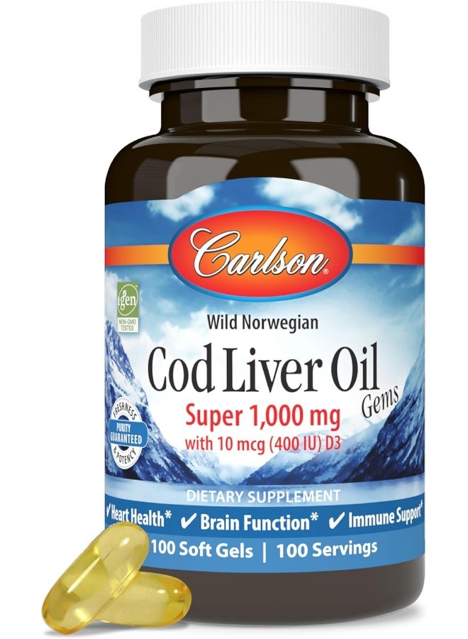 Cod Liver Oil Super 1000 Mg + Vitamins A & D3 Wild Norwegian Sustainably Sourced 100 Softgels