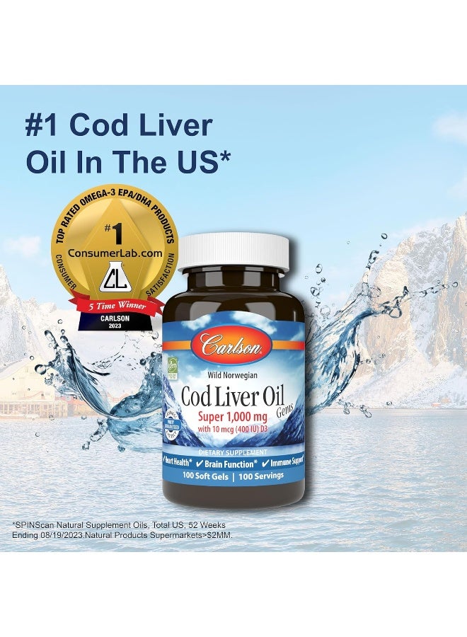 Cod Liver Oil Super 1000 Mg + Vitamins A & D3 Wild Norwegian Sustainably Sourced 100 Softgels