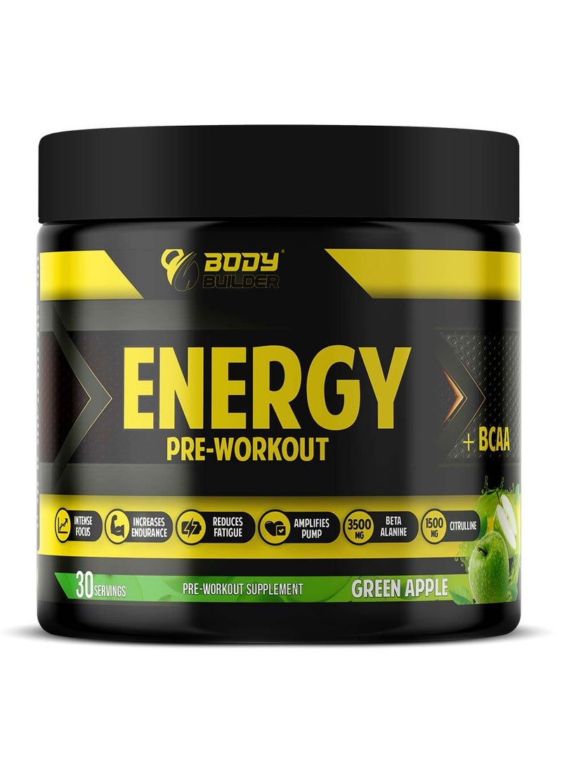 Body Builder Energy Pre workout Plus BCAA, Green Apple, 30 Servings
