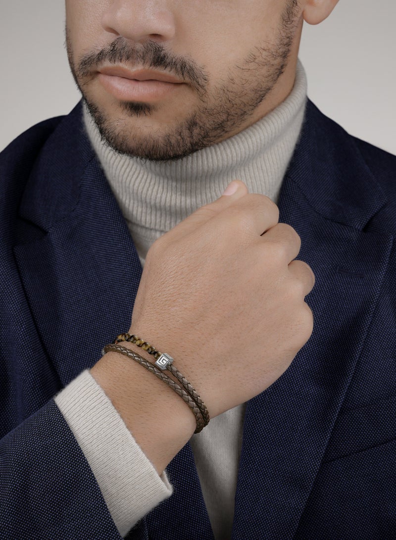 Victor Brown Leather And Tiger Eye Beads Bracelet