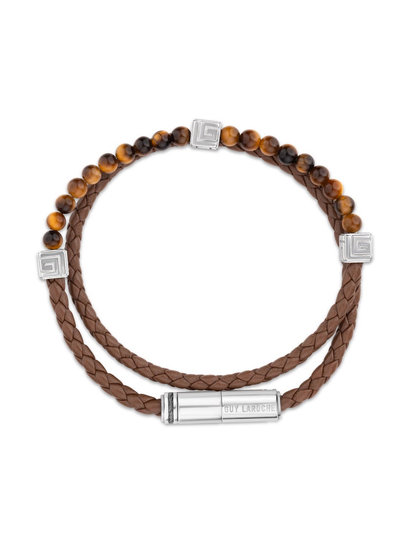 Victor Brown Leather And Tiger Eye Beads Bracelet