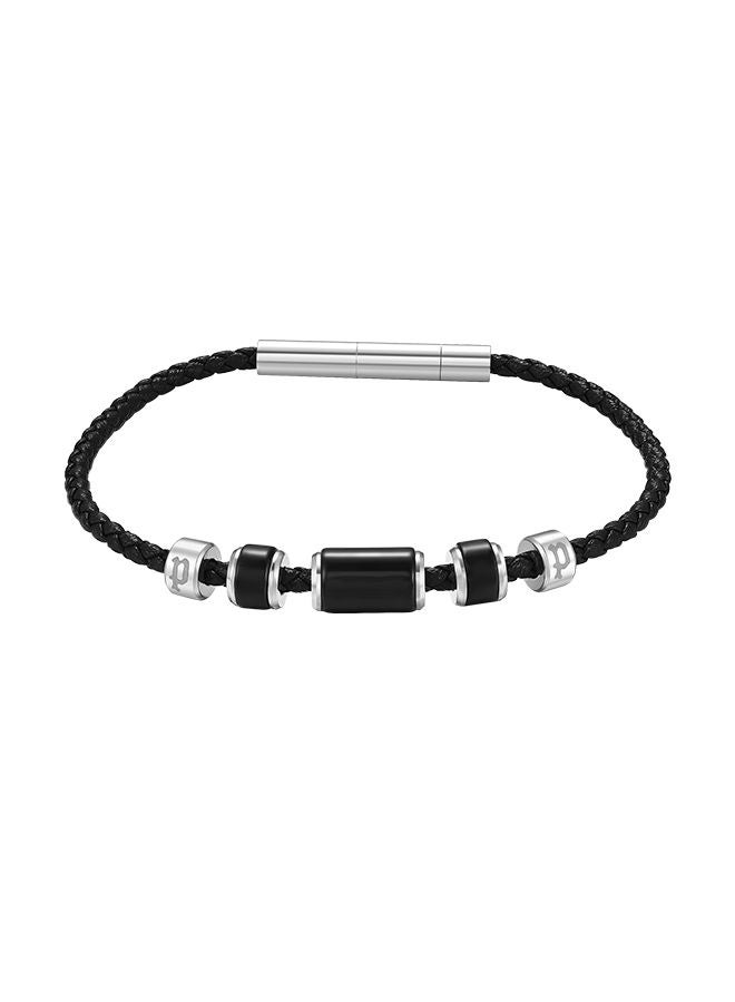 Police Bullion Black Leather With Onyx Beads Gents Bracelet - PEAGB0032204