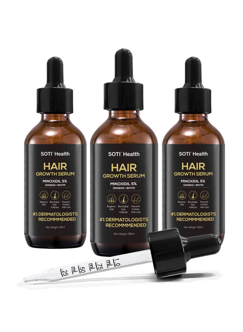Minoxidil 5% Hair Growth, Hair Loss Regrowth Serum 60ml. Made in USA! Dermatologists Recommended. Ginseng and Biotin Extra Strength Formula (3 Pack)