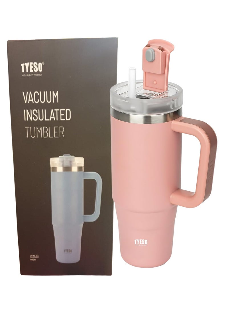 Tyeso 30 oz Tumbler with Handle, Straw and Lid - Leak Resistant Insulated Stainless Steel Water Bottle, Car Cup Holder Friendly Travel Coffee Mug (Pink)