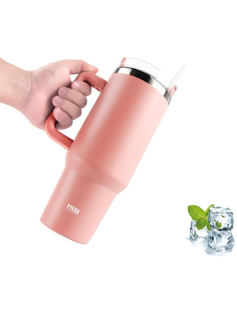 Tyeso 30 oz Tumbler with Handle, Straw and Lid - Leak Resistant Insulated Stainless Steel Water Bottle, Car Cup Holder Friendly Travel Coffee Mug (Pink)