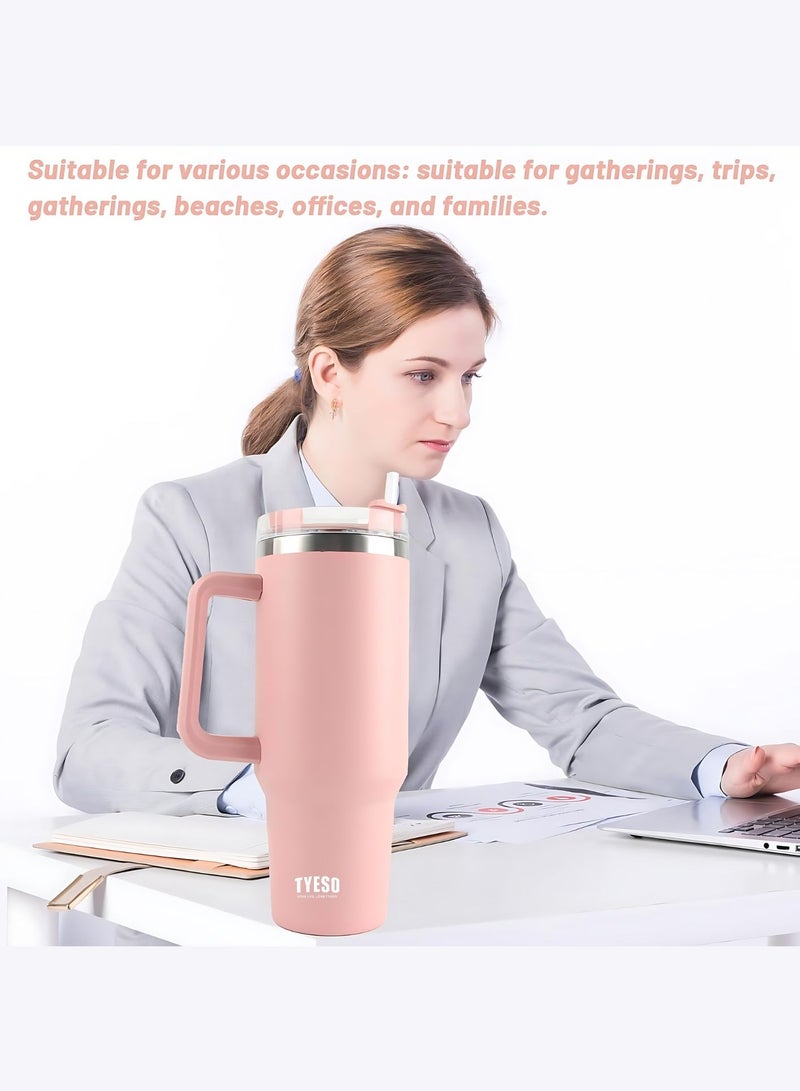 Tyeso 30 oz Tumbler with Handle, Straw and Lid - Leak Resistant Insulated Stainless Steel Water Bottle, Car Cup Holder Friendly Travel Coffee Mug (Pink)