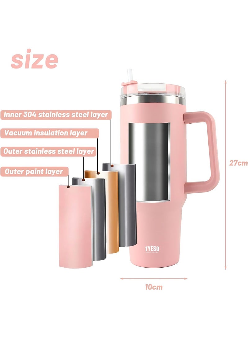 Tyeso 30 oz Tumbler with Handle, Straw and Lid - Leak Resistant Insulated Stainless Steel Water Bottle, Car Cup Holder Friendly Travel Coffee Mug (Pink)