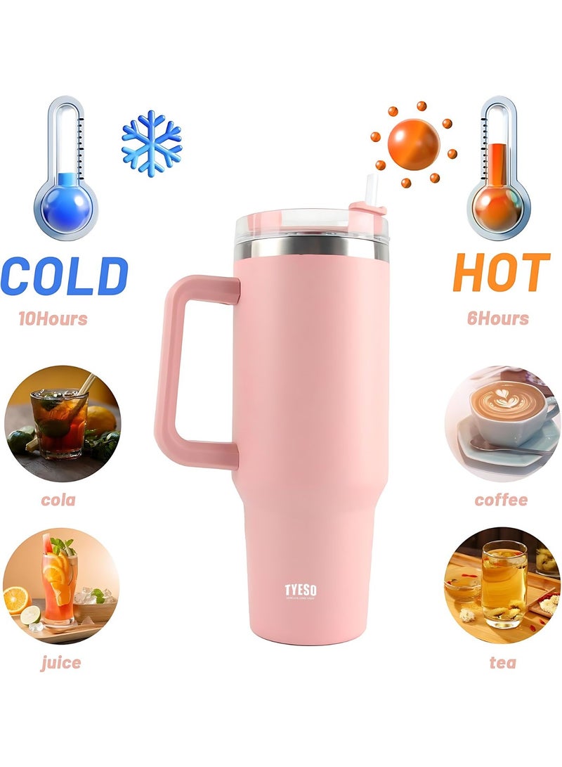 Tyeso 30 oz Tumbler with Handle, Straw and Lid - Leak Resistant Insulated Stainless Steel Water Bottle, Car Cup Holder Friendly Travel Coffee Mug (Pink)